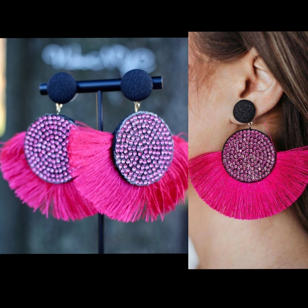 New Pink Fringe Sparkle Statement Dangle Earrings